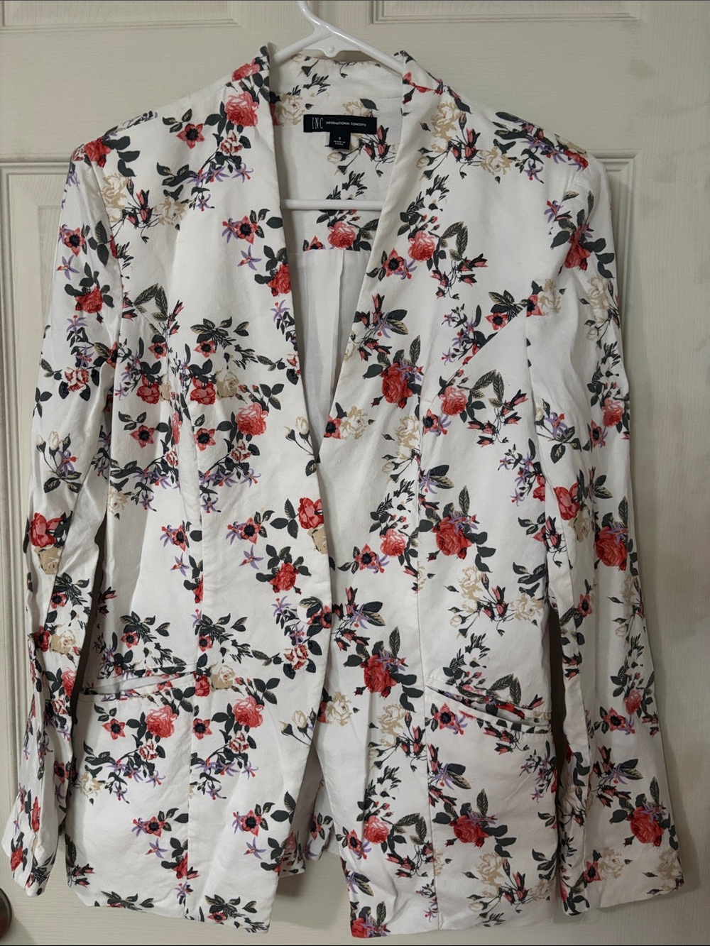 INC International Concepts White Blazer with Red and Pink Floral Print